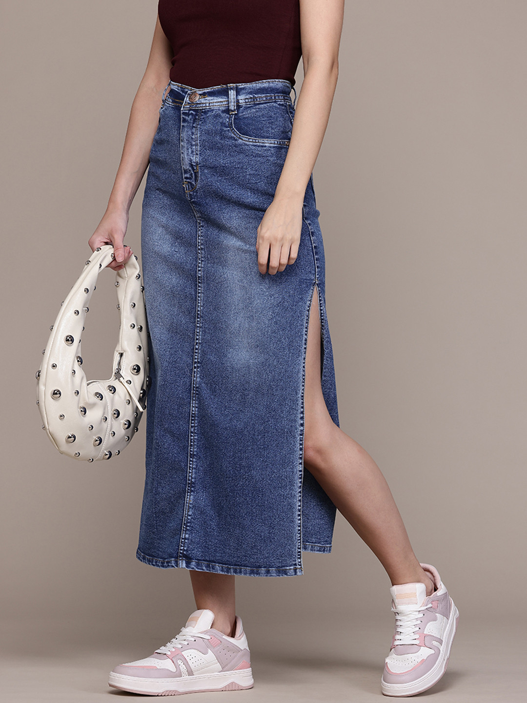 Nifty Faded Side Slit Denim Midi Skirt