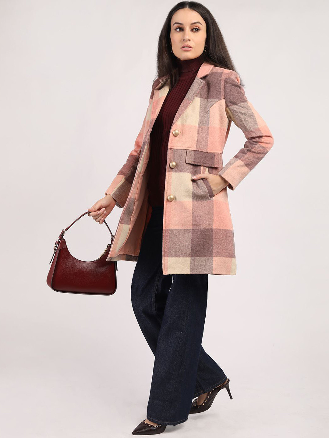 HONNETE Women Checked Winter Coat