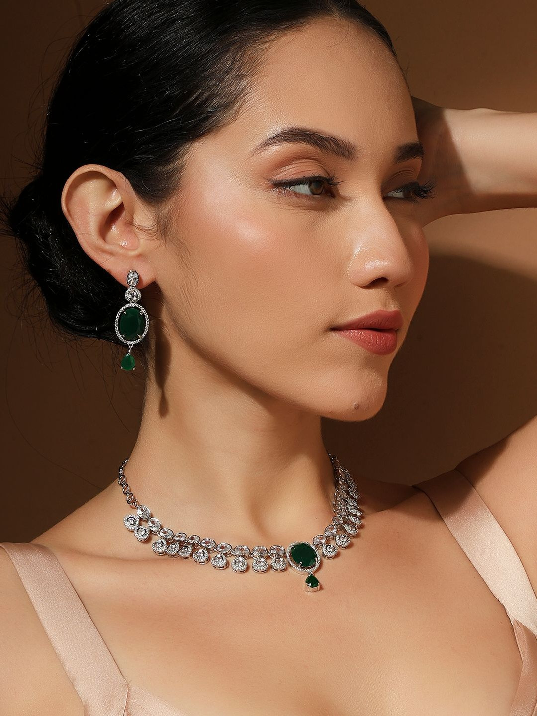 QUEENS NECK Silver Plated American Diamond Studded Necklace & Earrings