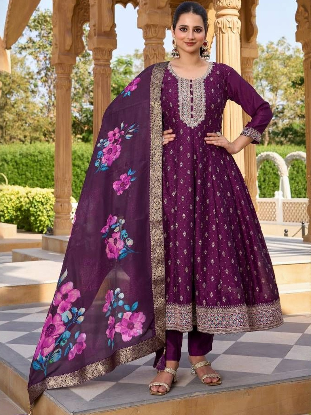 DAATAR Ethnic Motifs Woven Design Anarkali Zari Work Kurta With Trouser & Dupatta