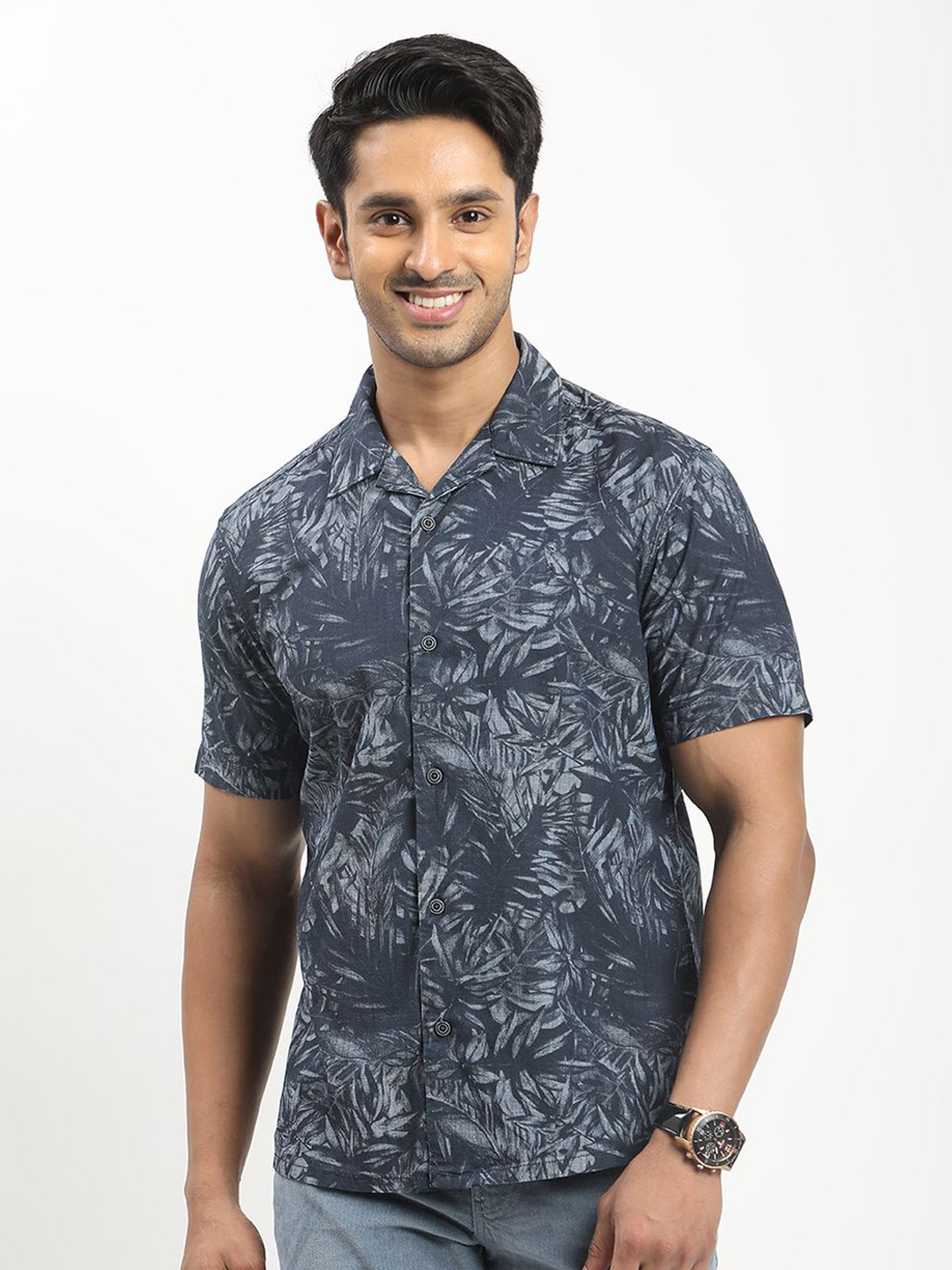 Indian Terrain Plus Size Classic Slim Fit Floral Printed Cuban Collar Cotton Casual Shirt