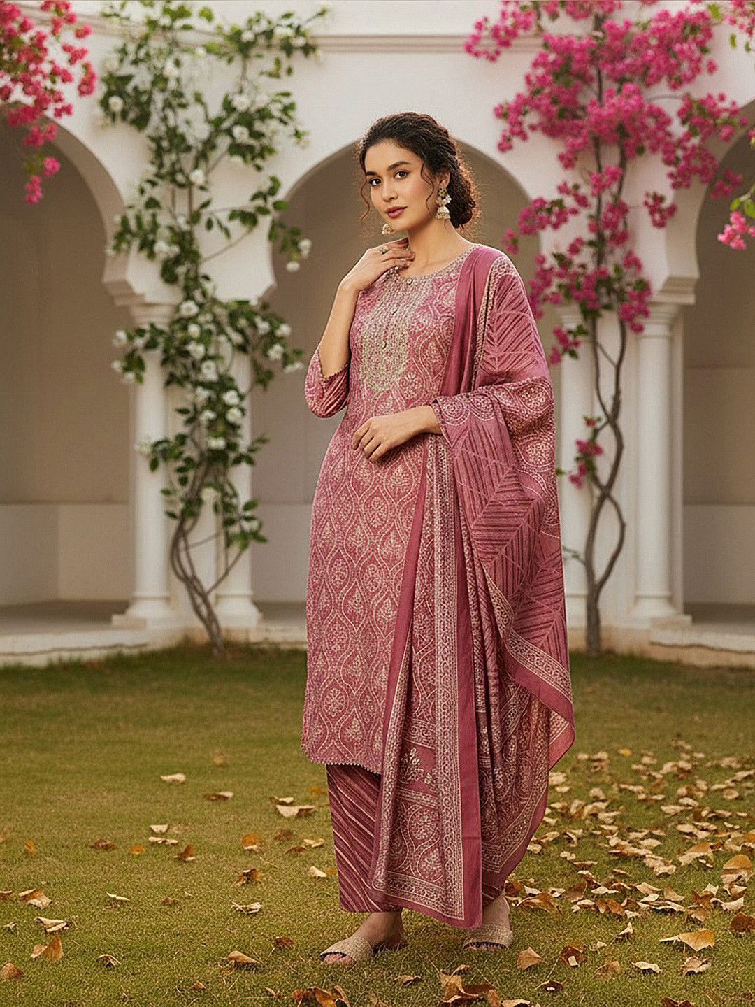 AHIKA Bandhani Embroidered Silk Blend Kurta with Trousers & With Dupatta