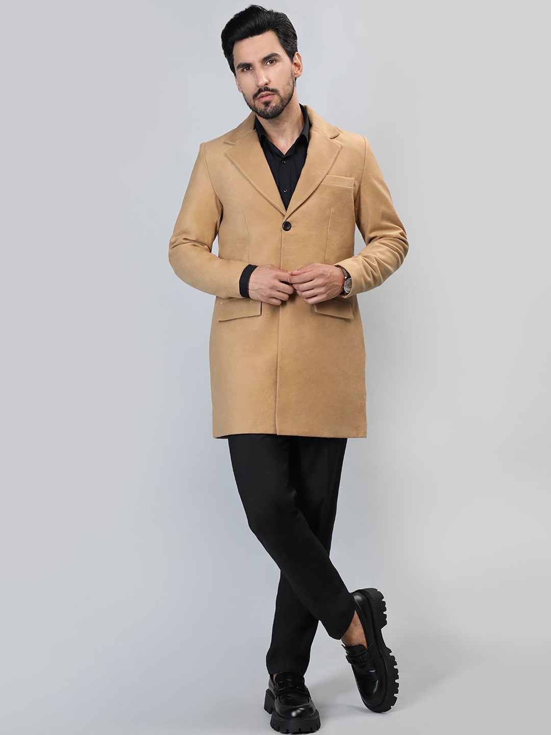 HONNETE Men Single-Breasted Longline Notched Lapel Long Trench Coat