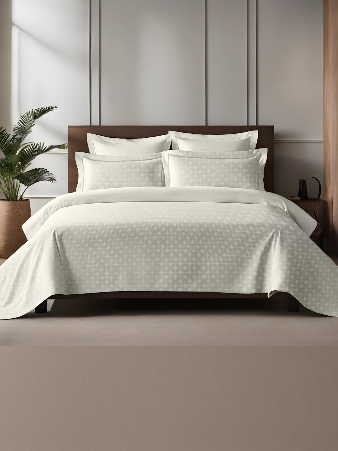 enera White Jacquard Orbit 300TC Soft Cotton King Bedsheet with 2 Pillow Covers