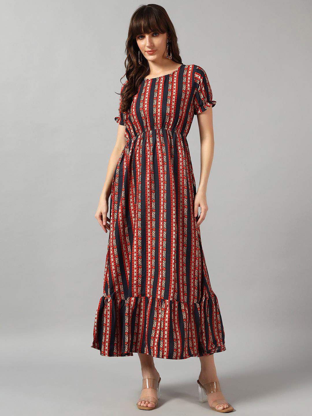 Raiyani Enterprise Striped Printed Round Neck Puff Sleeve Fit & Flare Mixi Dress