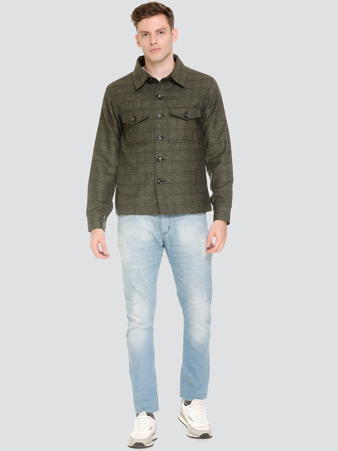 HONNETE Men Green Checked Lightweight Tailored Winter Jacket