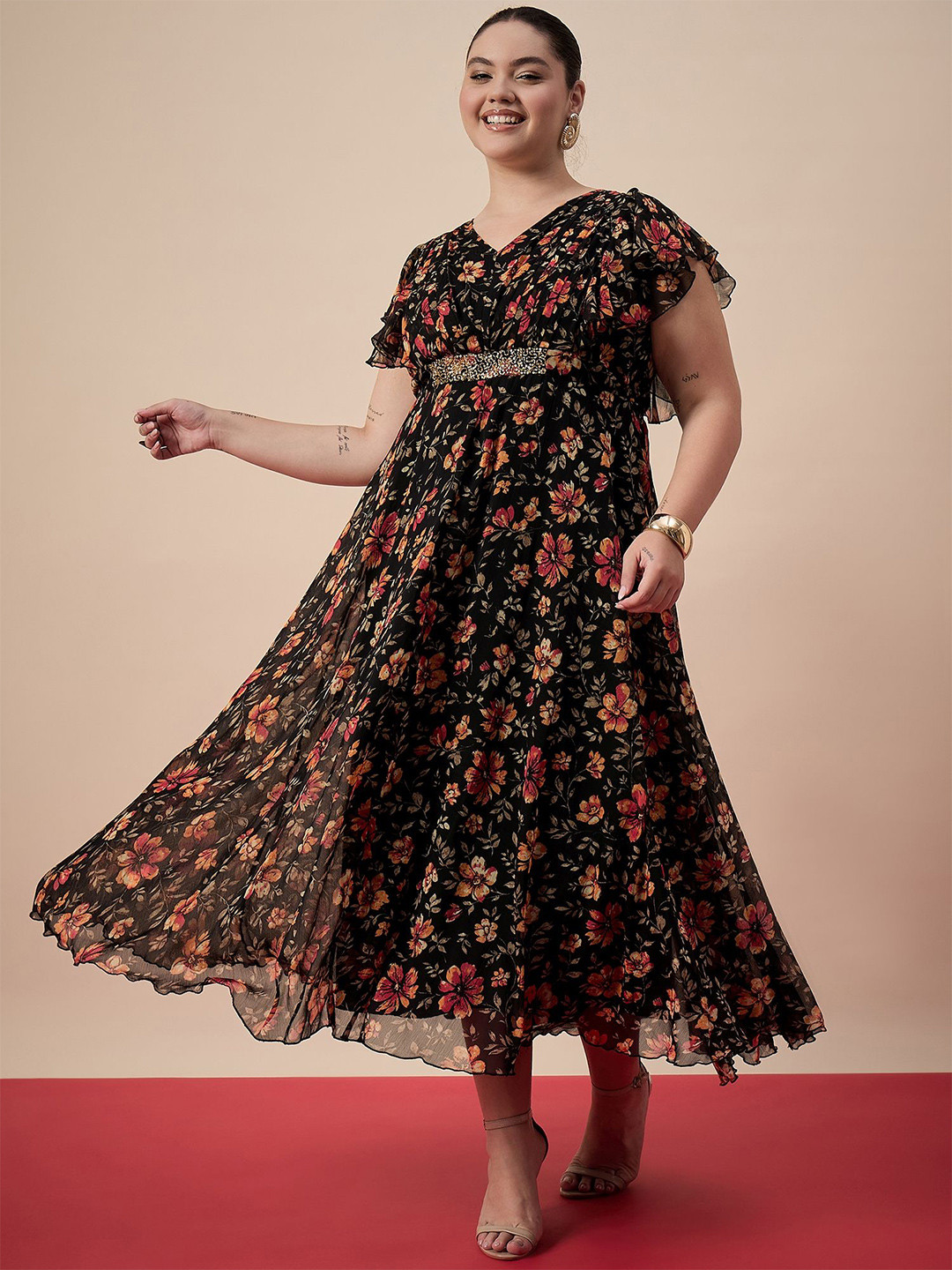 Antheaa Curve Floral Print & Embellishment Flutter Sleeve Chiffon Empire Midi Dress