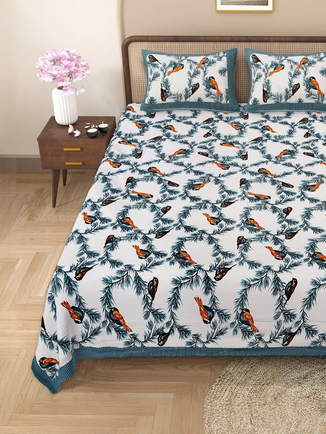 Wee Hours Blue Floral 350 TC Queen Size Bedsheet with 2 Pillow Covers