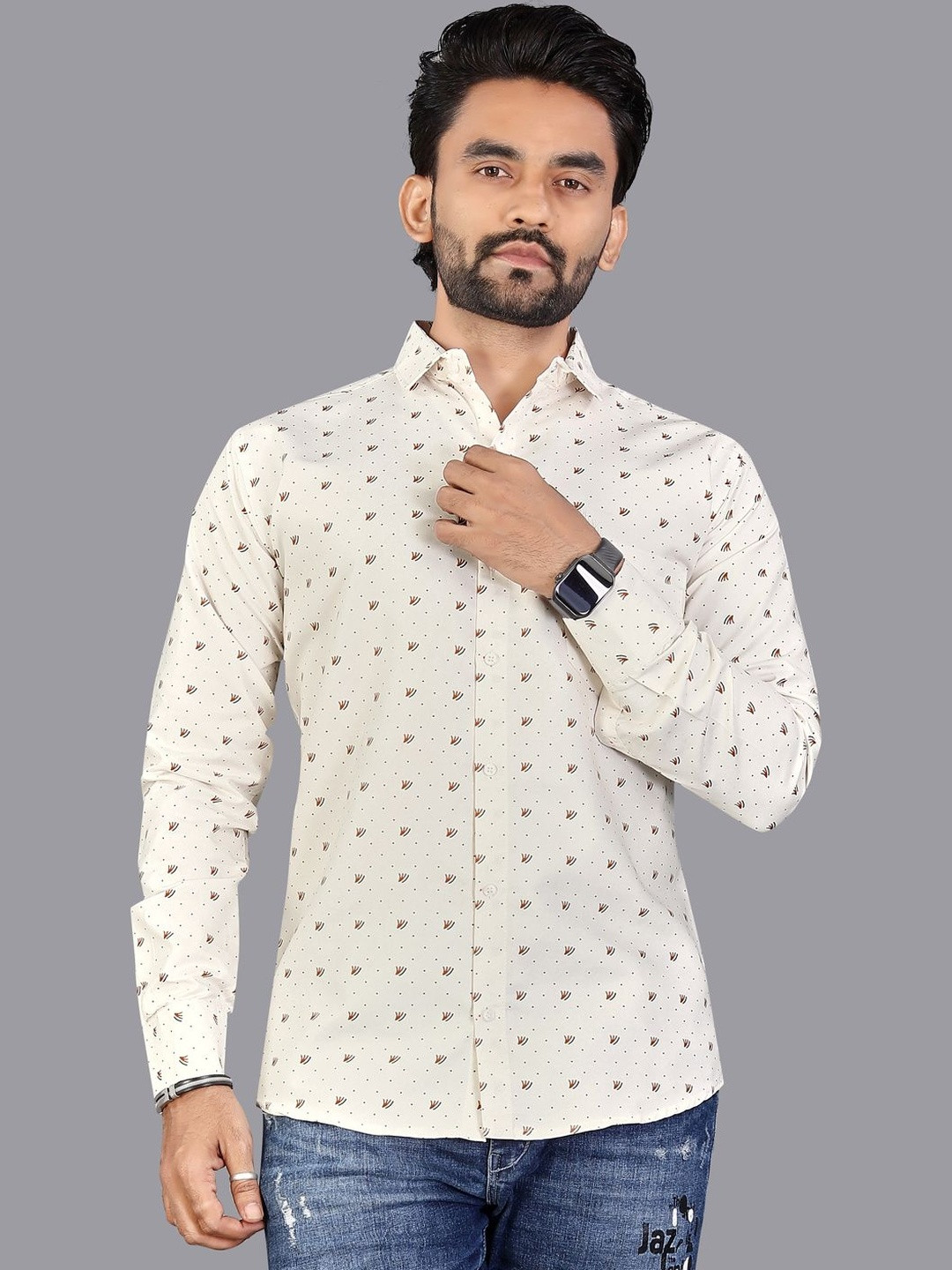 ISUEL FAB Cream Printed Slim Fit Spread Collar Cotton Casual Shirt