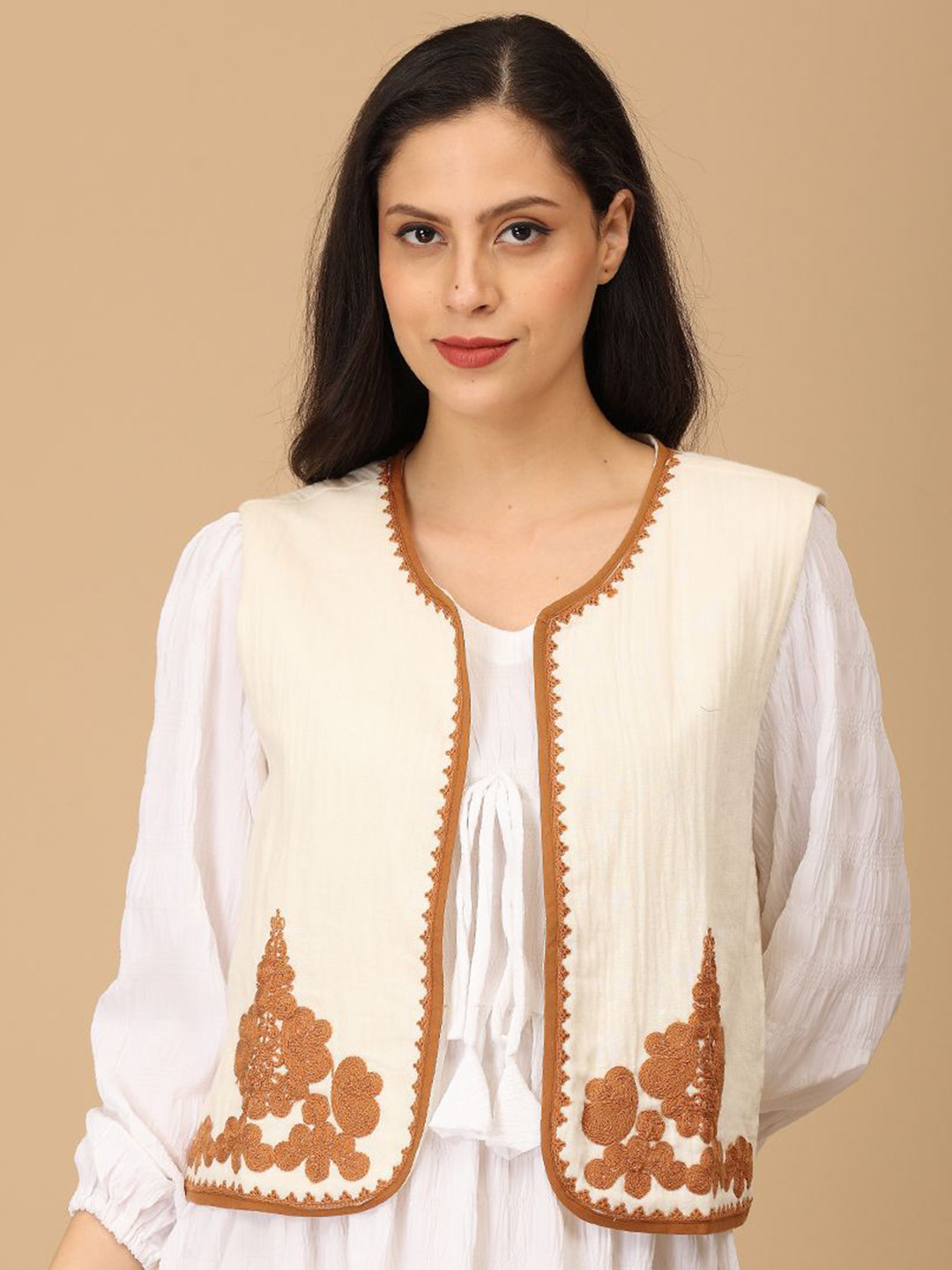 The Woman Store V-Neck Embroidered Open Front Cotton Crop Shrug