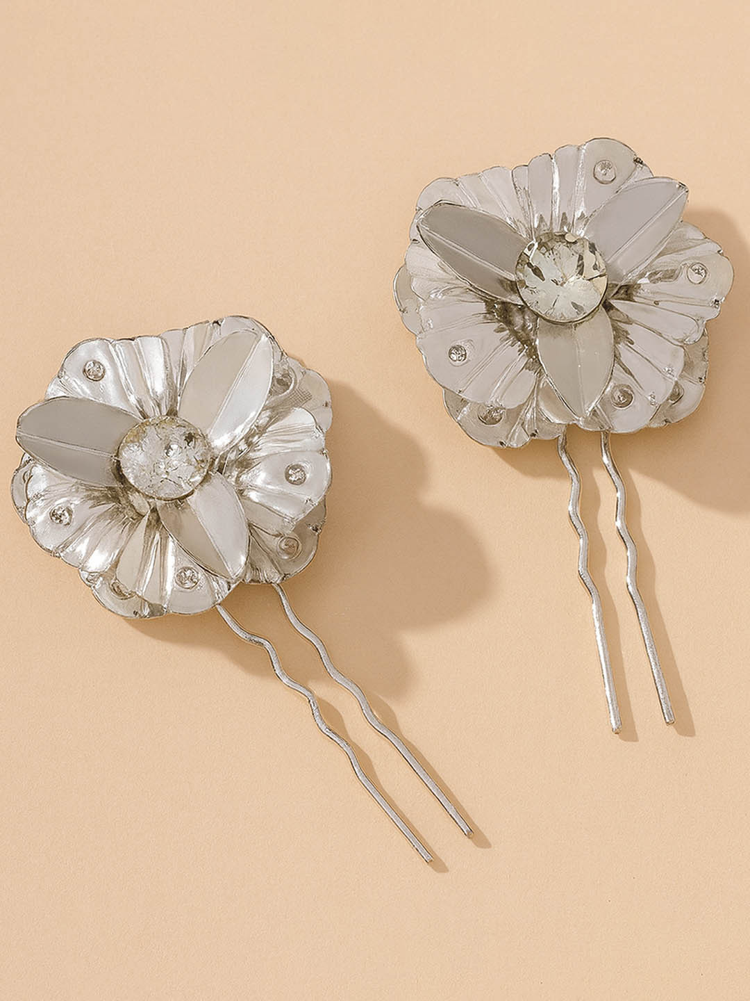 HAIR DRAMA CO. Women Set of 2 Silver-Toned Crystal Rhinestones U Hair Pins