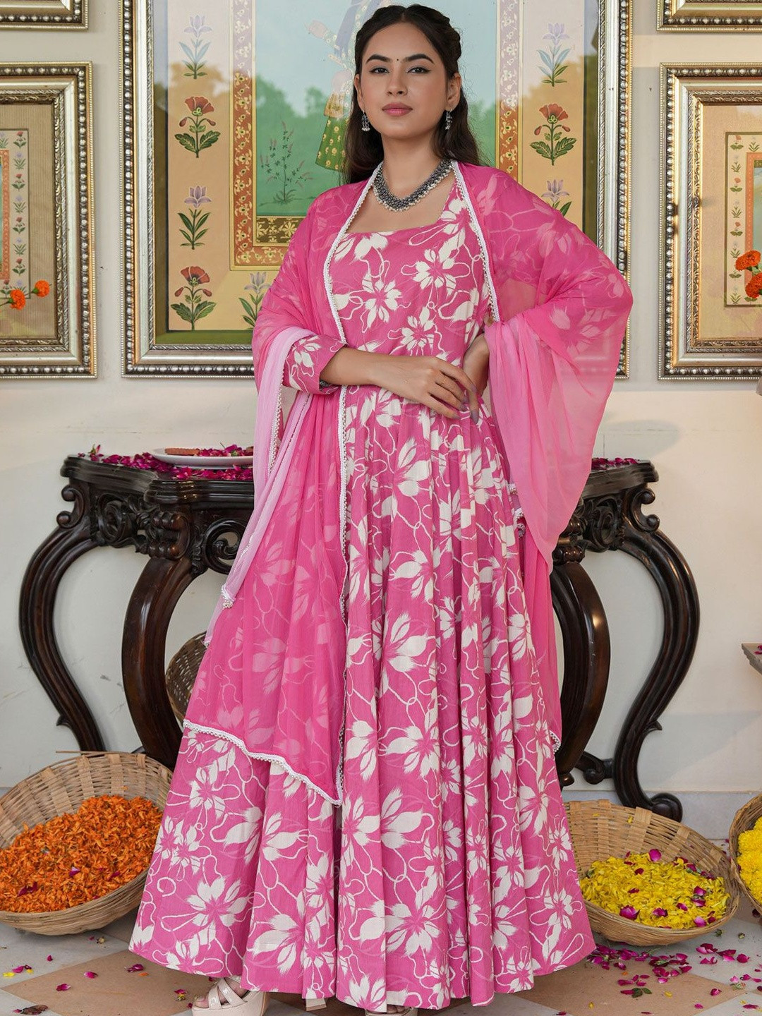 Indian Virasat Women Floral Empire Pure Cotton Kurta With Palazzos & Dupatta Kurta Sets