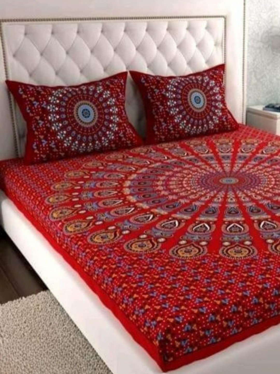 POORAK Red & Blue Printed Cotton 104 TC Queen Bedsheet Set-2.3 m x 2.0 m