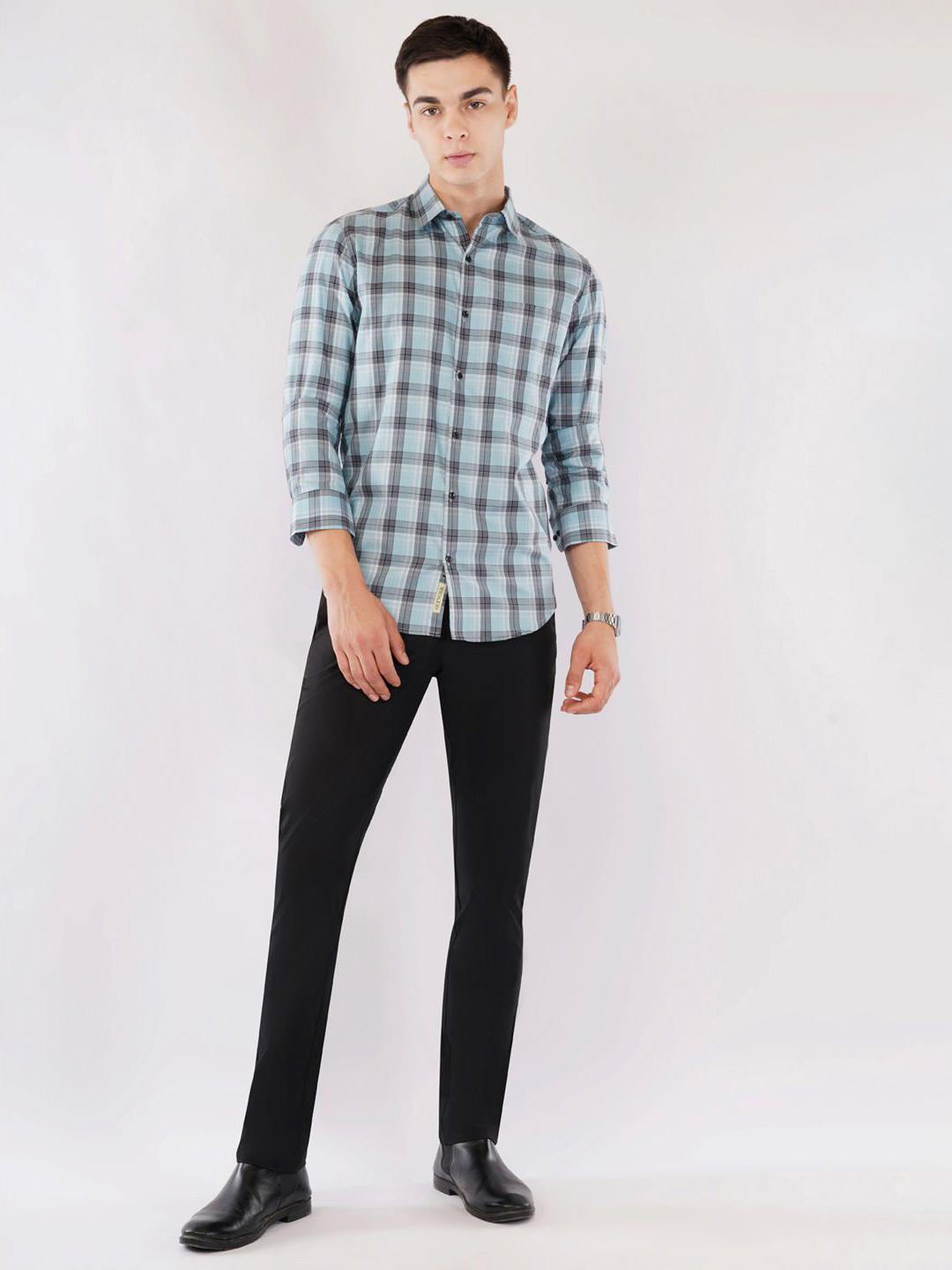 OLEVORR India Slim Fit Checked Chambray Weave Pure Cotton Casual Shirt