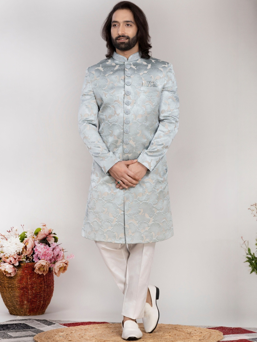 AEN FASHION Men Blue Premium Silk Blend  Indo Western Sherwani set