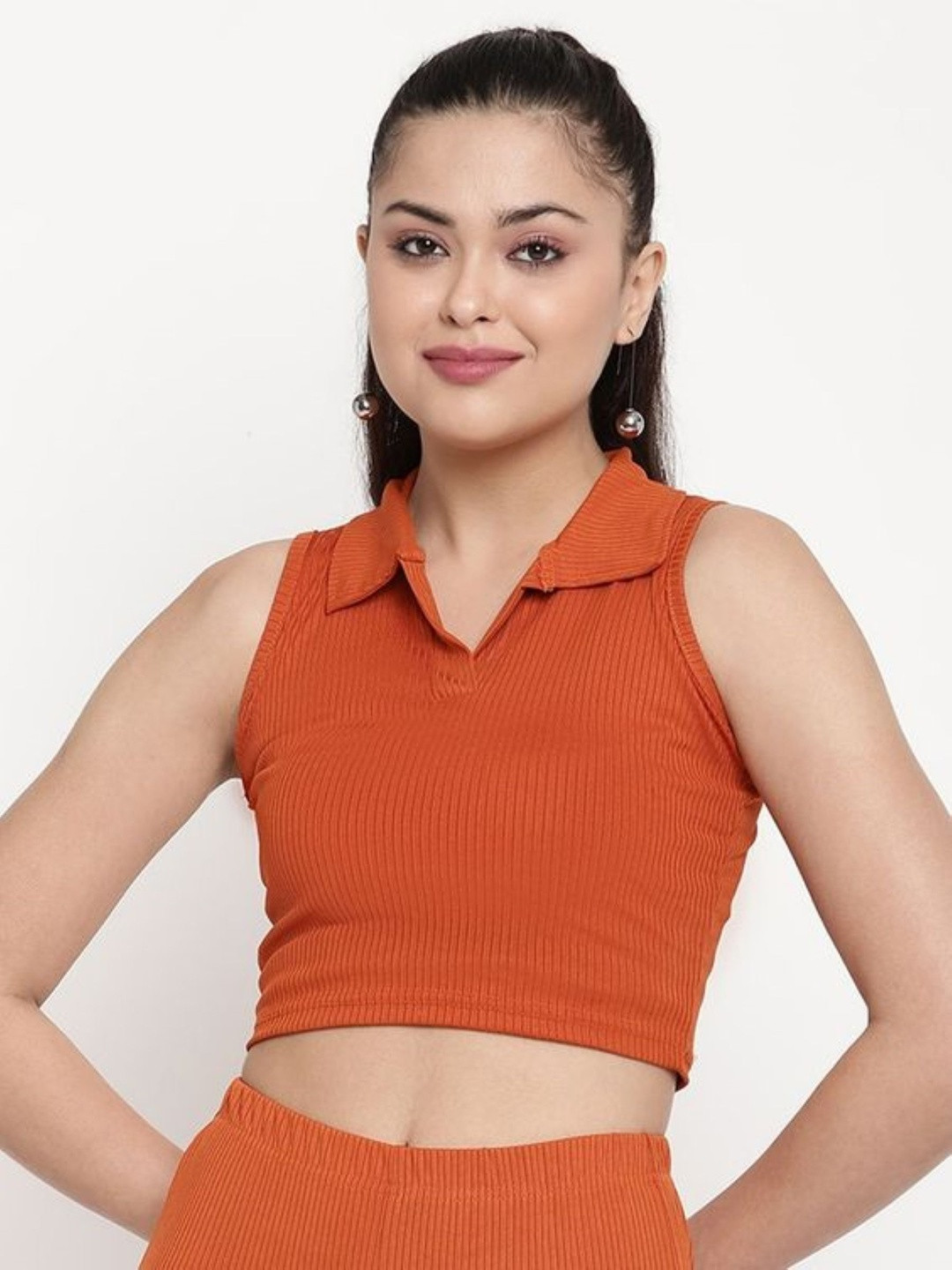 Orange Ribbed Shirt Collar Crop Top