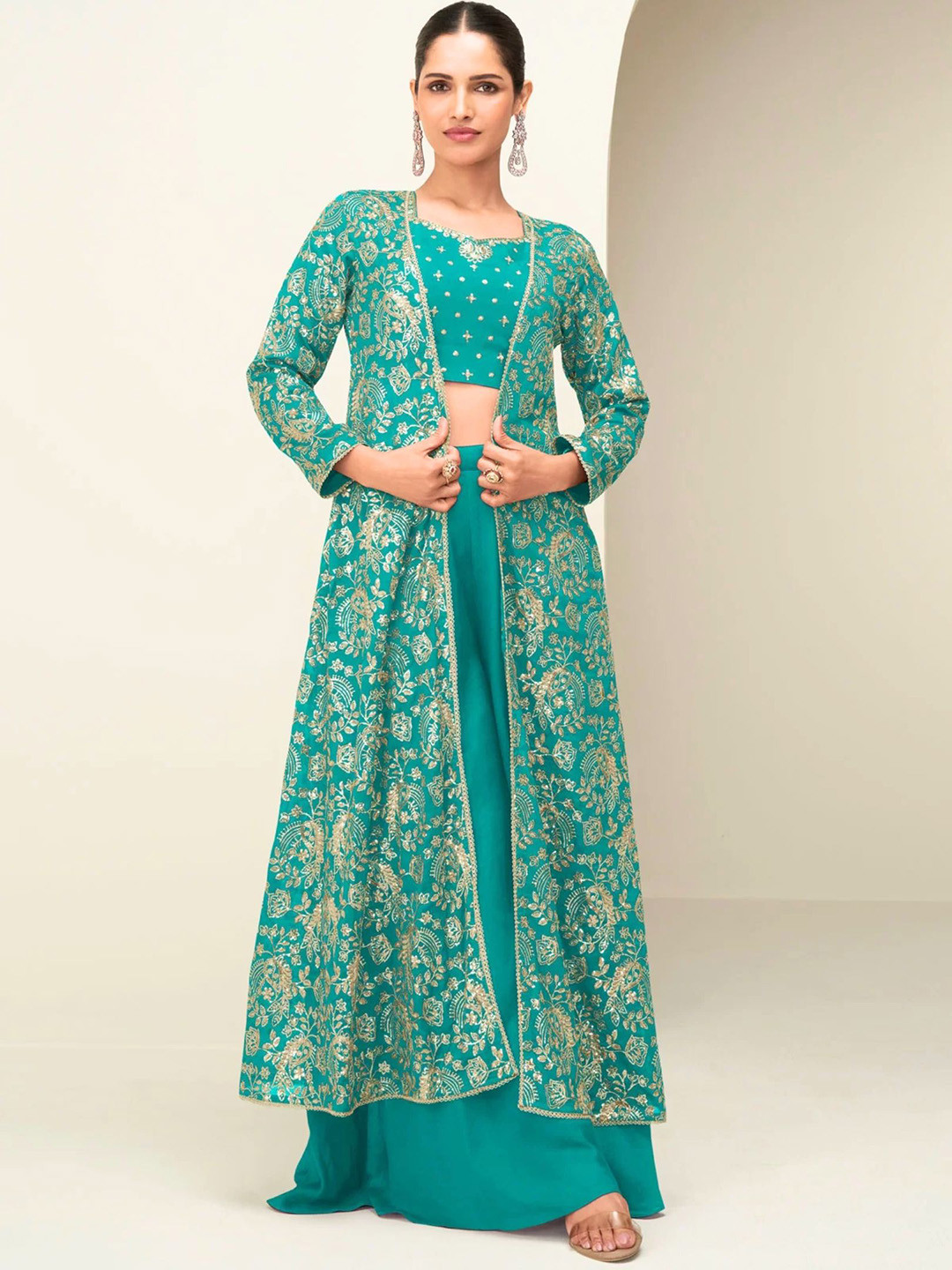 MYROR Floral Embroidered Boat Neck Sequinned Crop Top With Sharara And Jacket