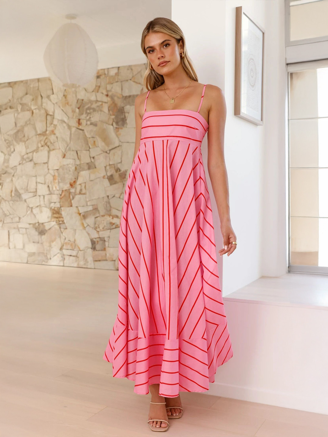 Honky Tonky Striped Smocked A-Line Midi Dress