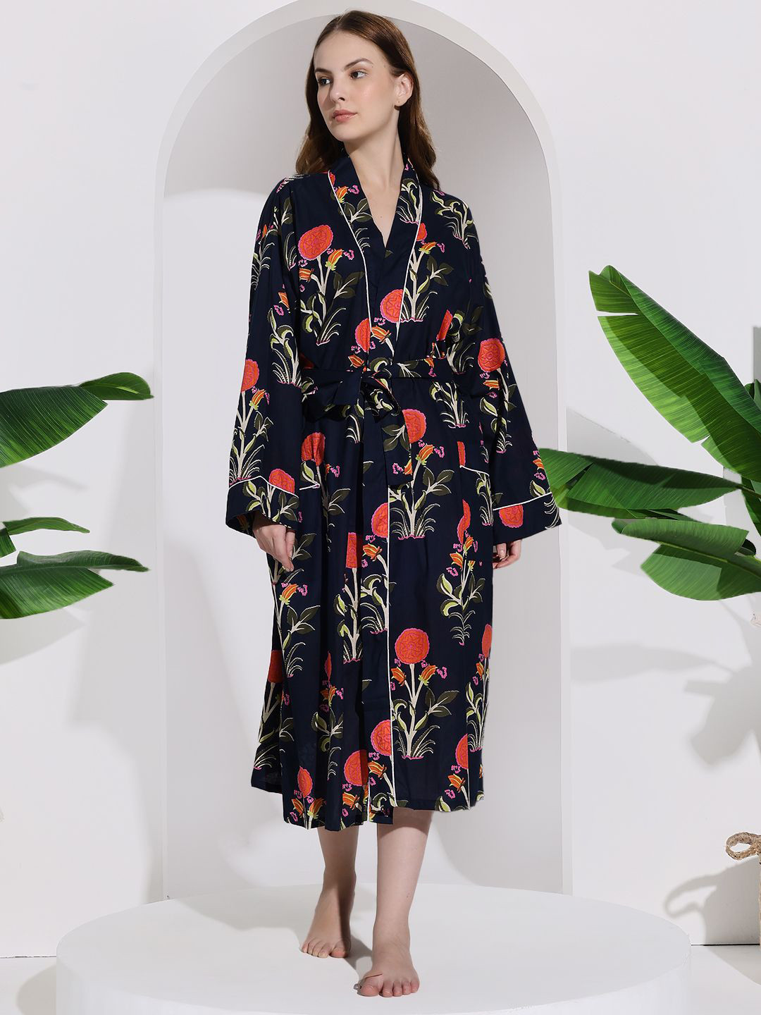 HANDICRAFT PALACE Women Printed Pure Cotton Robe With Belt
