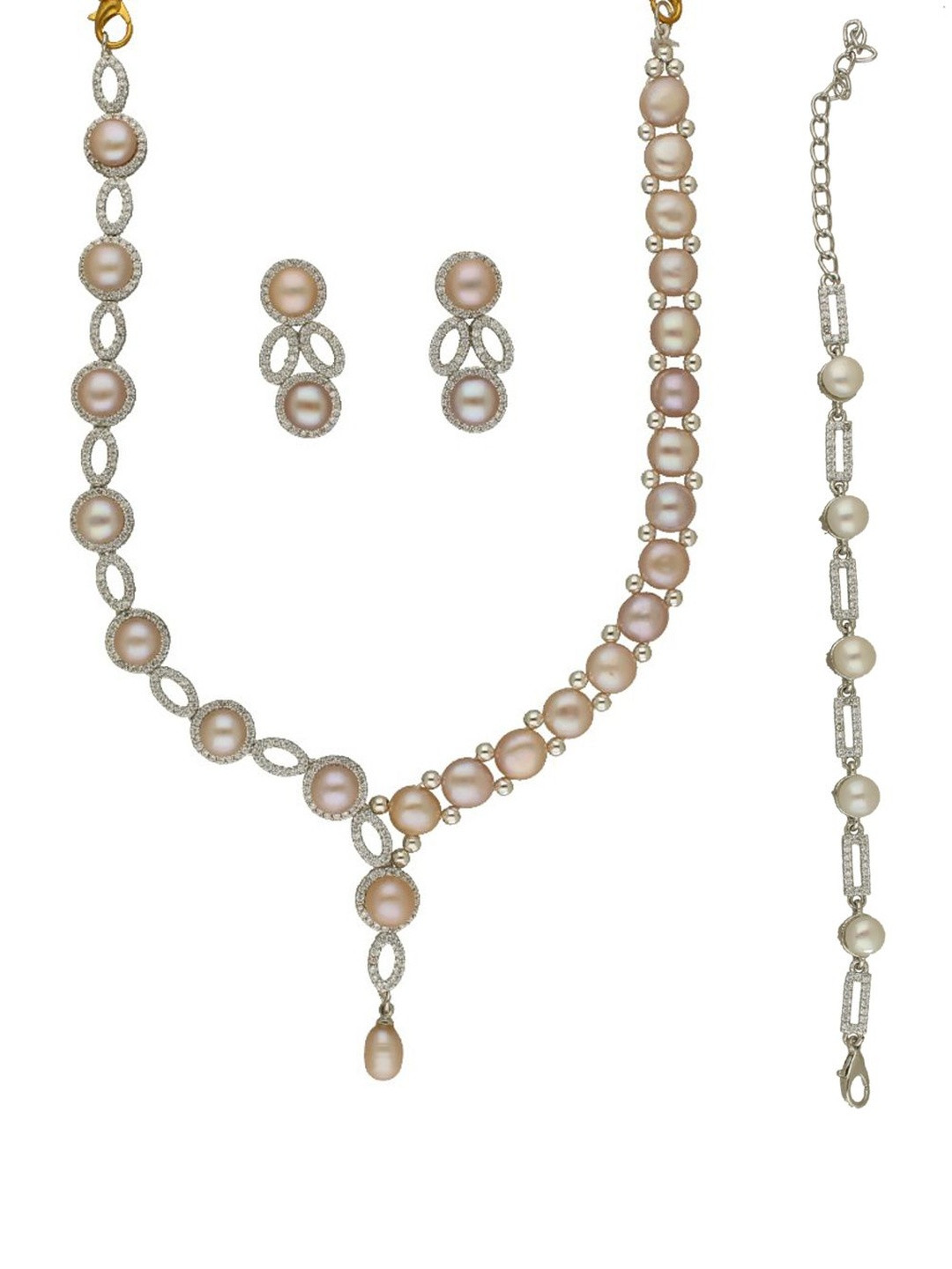 Sri Jagdamba Pearls Dealer Women Pink Rose Gold Pearl Necklace Set With Bracelet