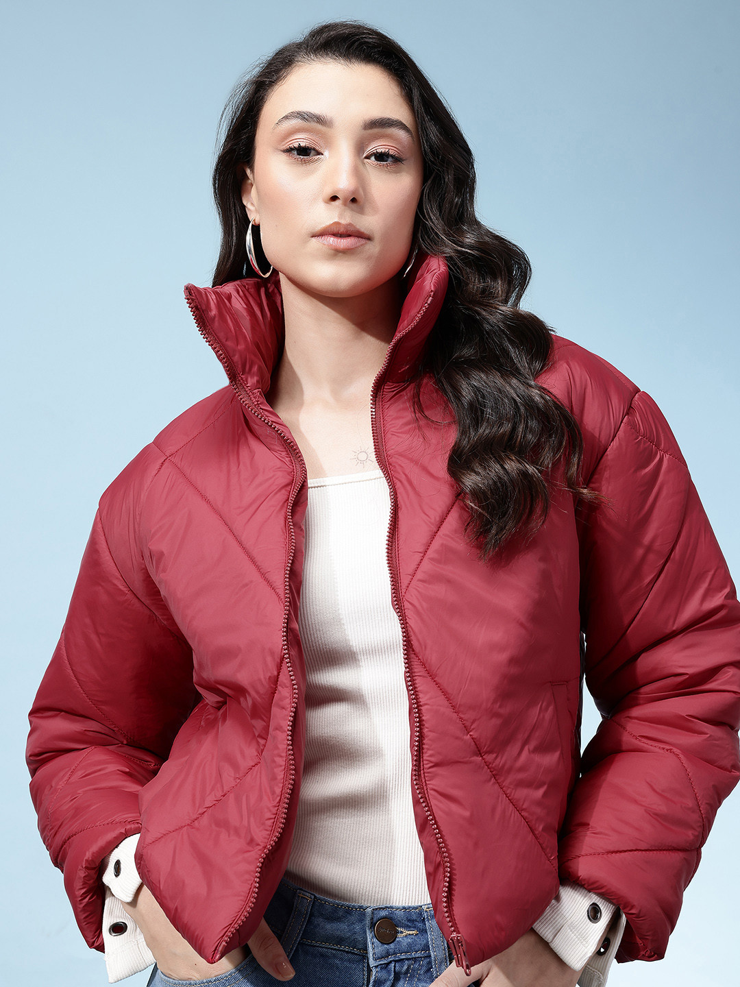 glitchez Mock Collar Drop-Shoulder Sleeves Crop Relaxed Fit Padded Jacket