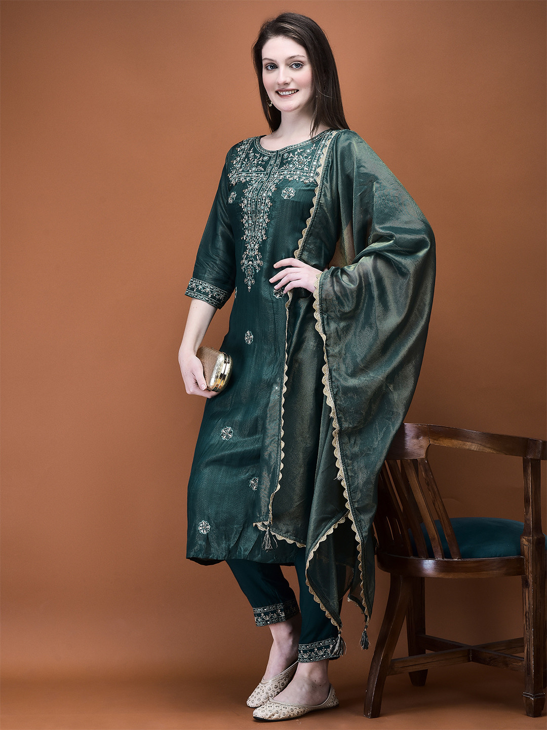 Shree Stones And Beads Work Liva Round Neck Thread Work Kurta  with Trousers & Dupatta
