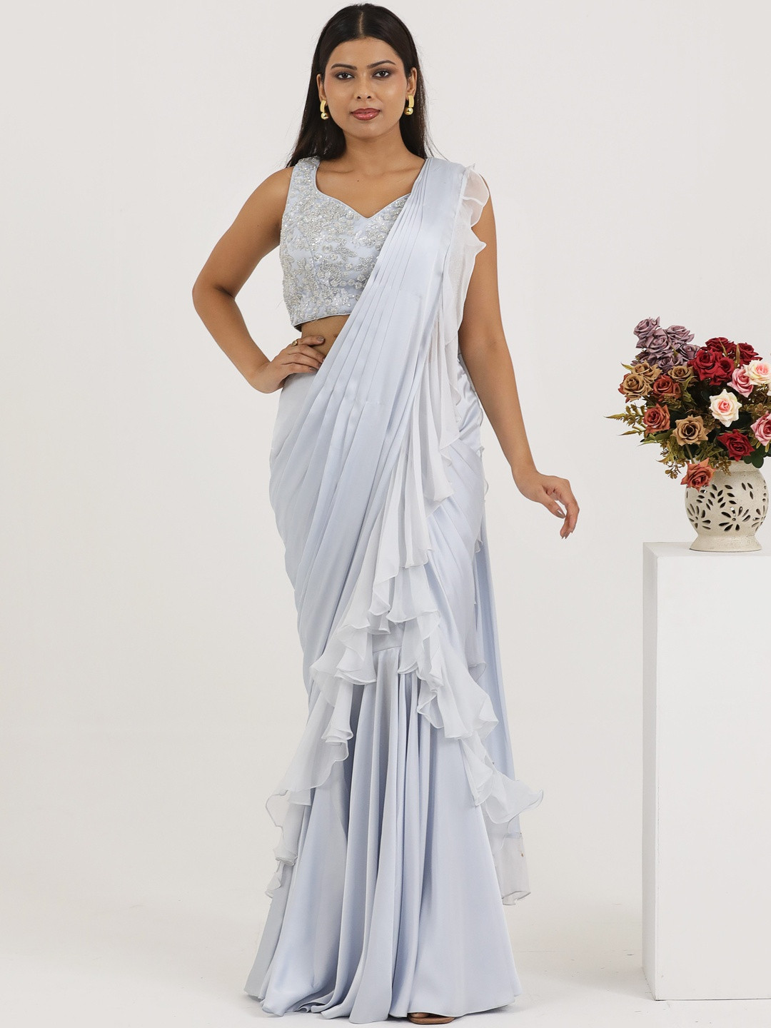 PUSHP PARIDHAN Satin Ruffles Ready to Wear Drape Saree With Stitched Blouse