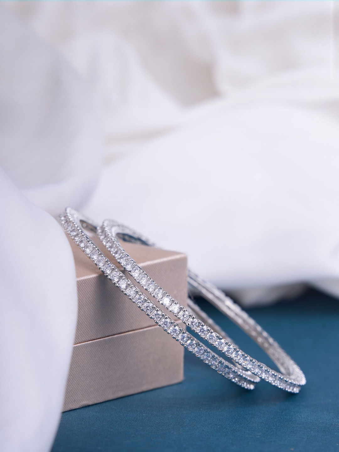 Opal Touch Pack of 2 Rhodium-Plated American Diamond Studded Bangles