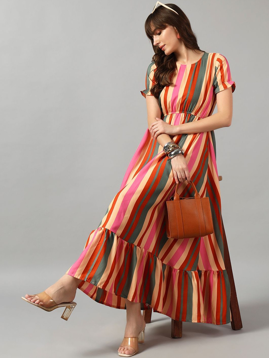 Jash Creation Women Printed Crepe Round Neck Tiered Long Dress Flared Maxi Kurti