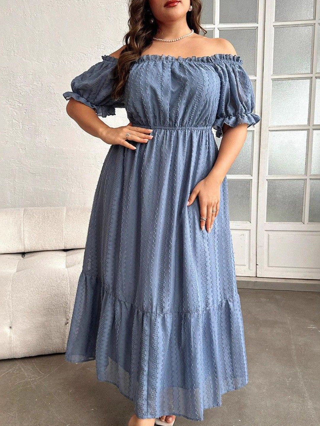 DressBerry Curve Self Design Off-Shoulder Ruffles Casual Fit & Flare Maxi Dress