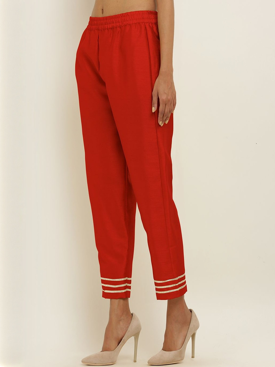 Moda Rapido Women Red Poly Silk Solid Regular Trousers