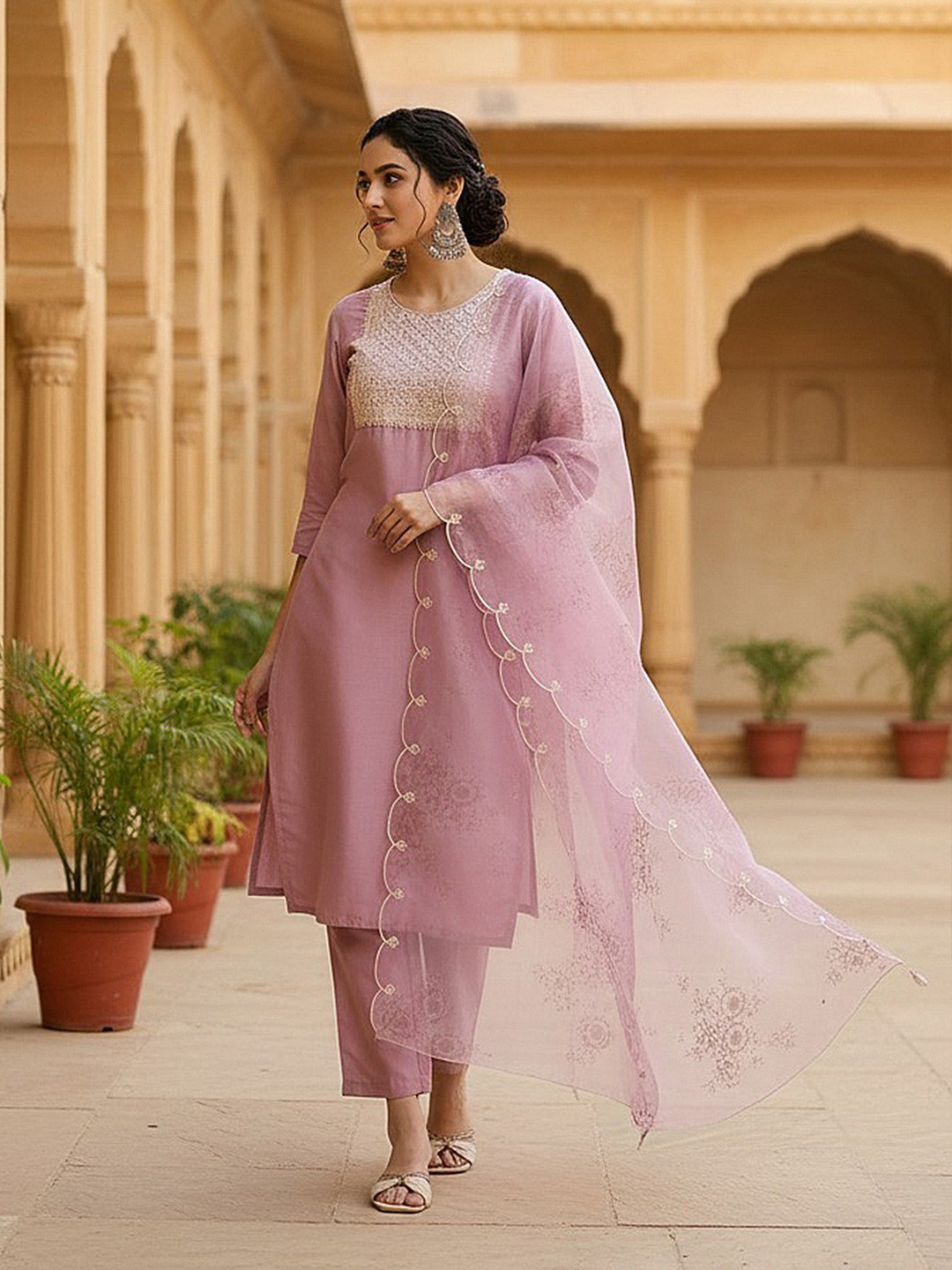 AHIKA Women Lavender Empire Design Panelled Kurta with Trousers & Dupatta