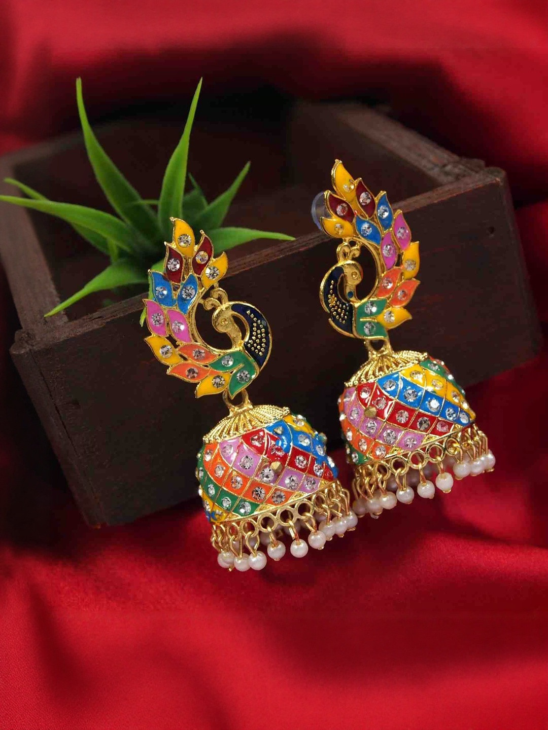 Joy of Jewels Artificial Stones Studded And Pearls Beaded Dome Shaped Jhumkas