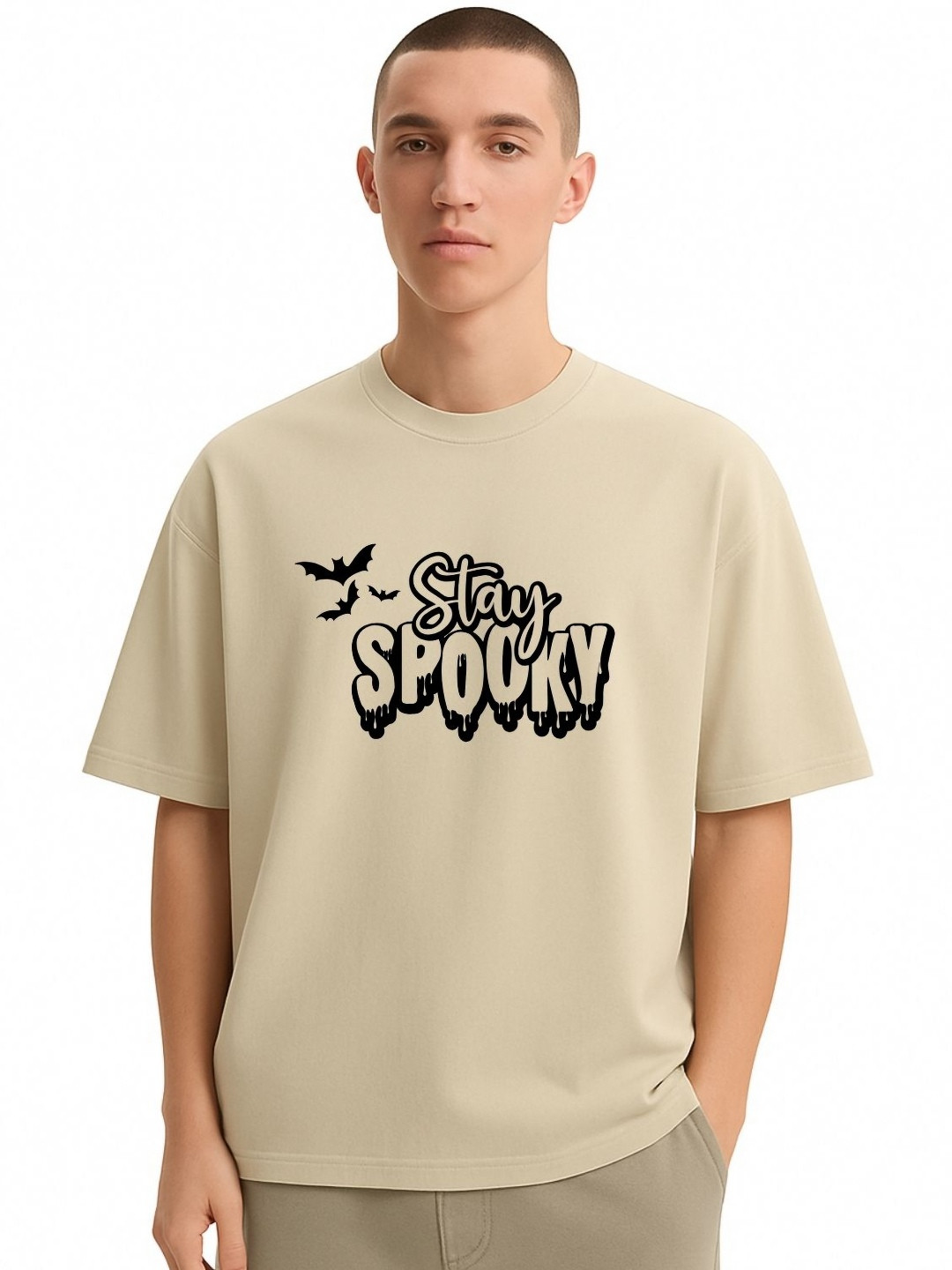 Fashnobic Men Dri-FIT Trendy Stay Spooky Printed Round Neck Cotton Oversized T-shirt