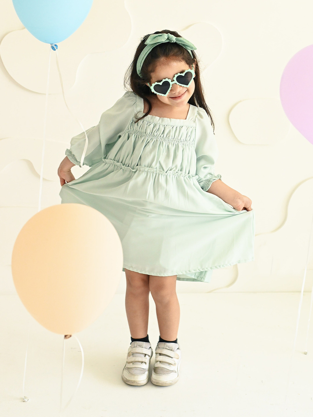 Puddle Fashion Girls Square Neck Bishop Sleeve Gathered or Pleated Satin A-Line Dress