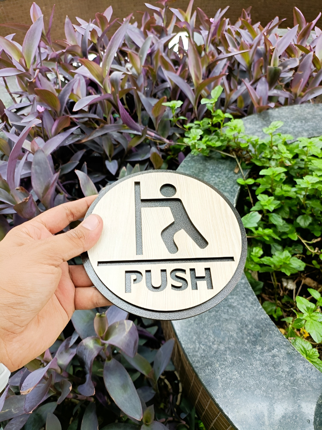 WOXOUR ENTERPRISE Brown & Grey Self-Designed Wooden Round Push-Sign Wall Decor