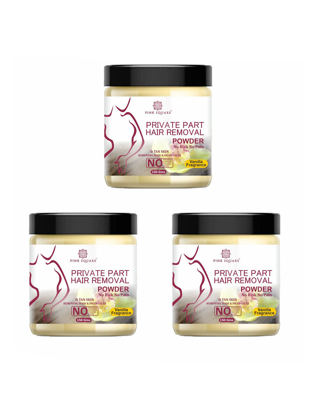 Pink Square Set Of 3 Bikini Hair Removal Powder- 150 g Each- Vanilla