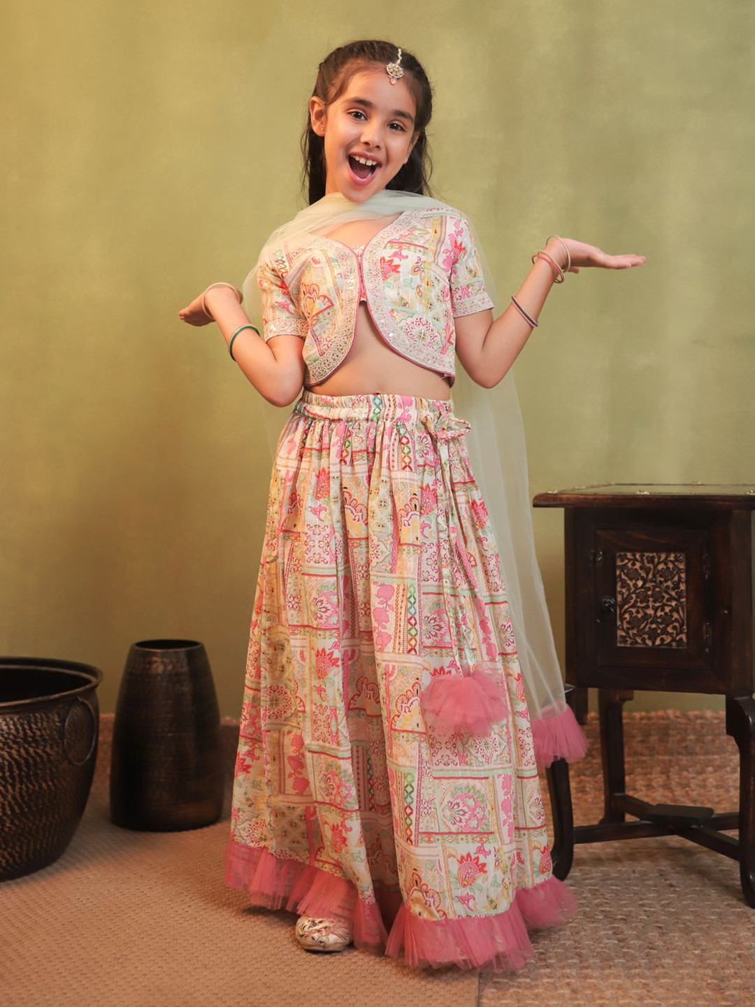 Aj DEZInES Girls Embellished & Thread Work Cotton Blend Lehenga & Blouse With Dupatta