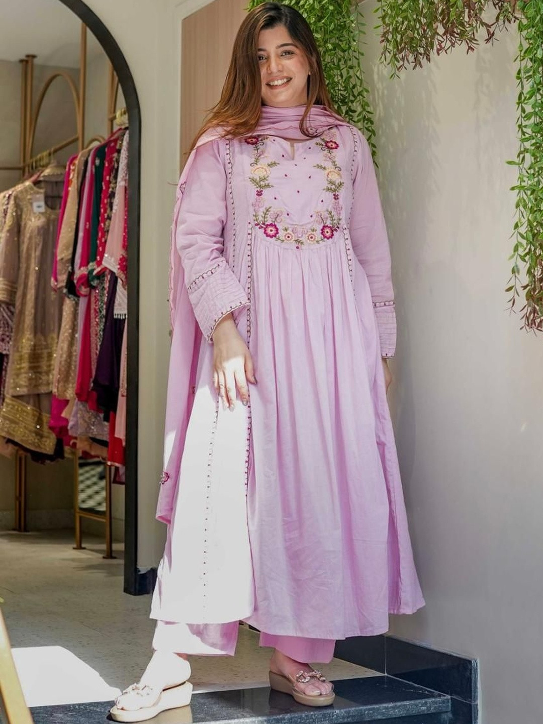 Pantos Women Floral Embroidered Thread Work Chanderi Silk Kurta with Palazzos & Dupatta