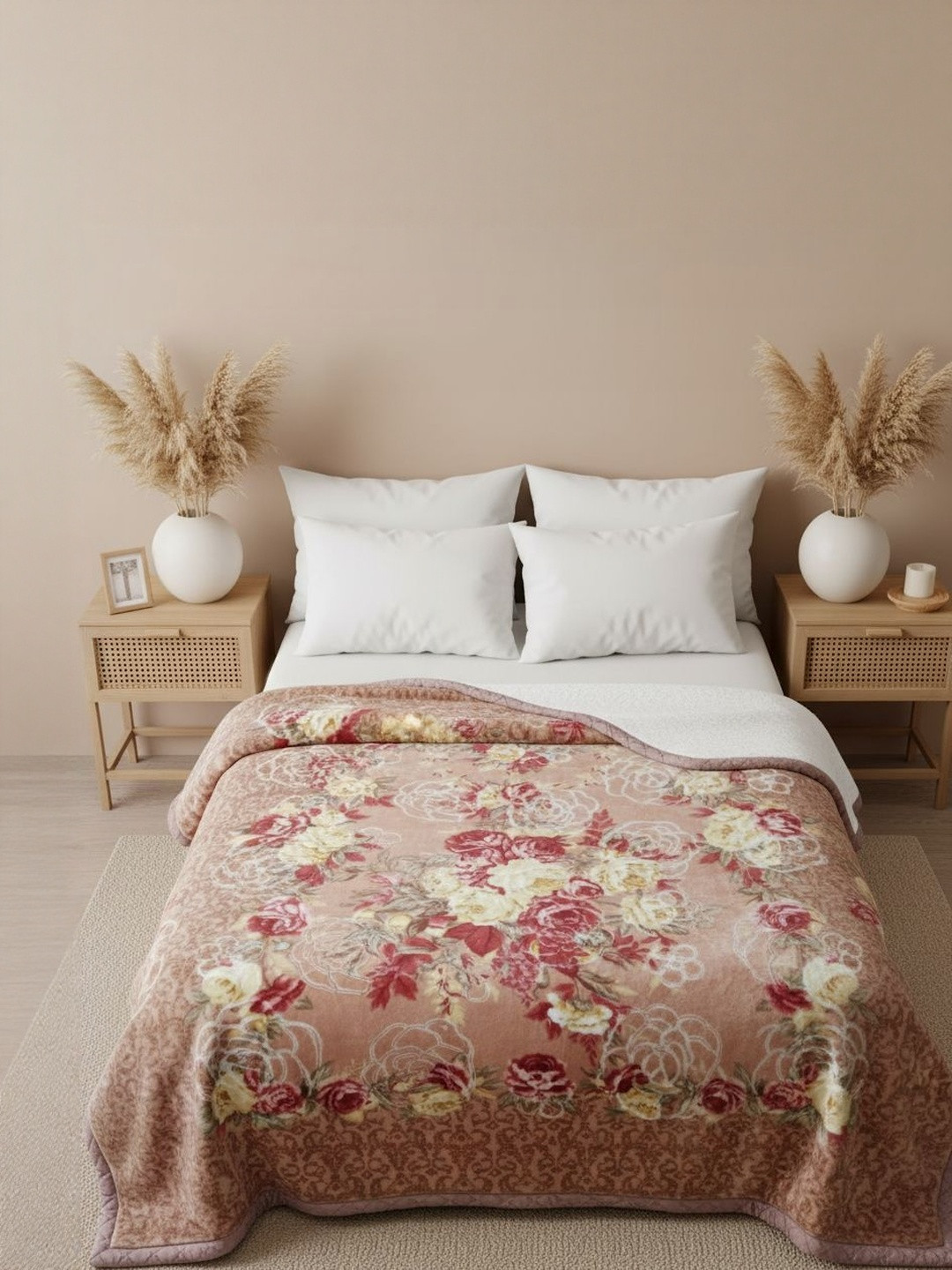 Signature Peach-Coloured & Red Floral Printed Polyester Mild Winter 210 GSM Blanket