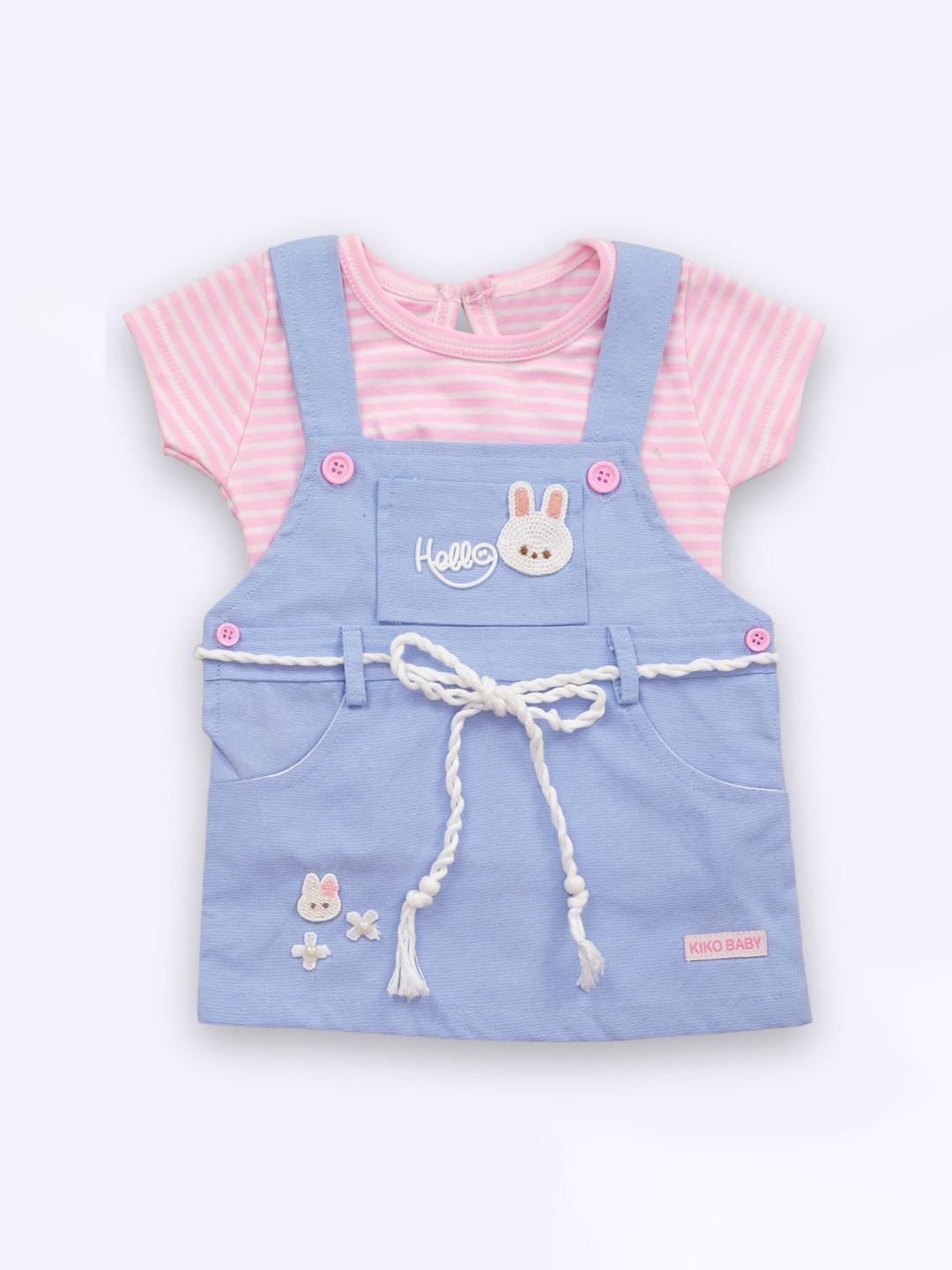 YK x Nice Kidz Girls Striped Round Neck Pinafore Midi Dress with Top & Blommers