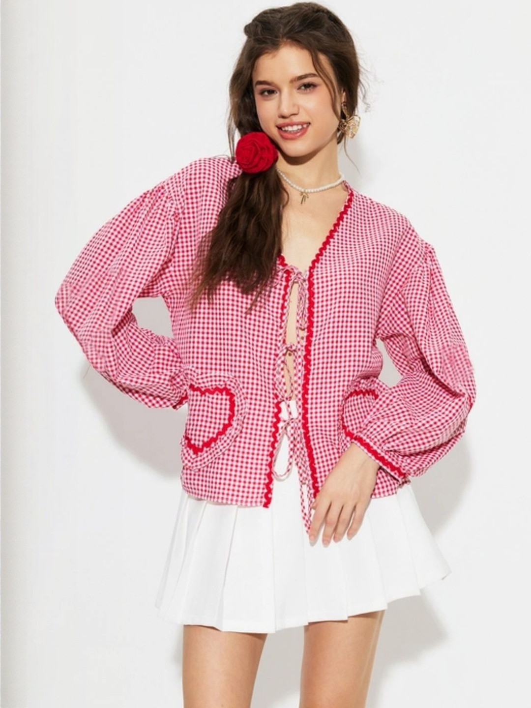 Quintessentials Women Checked Puff Sleeve Ruffles Top