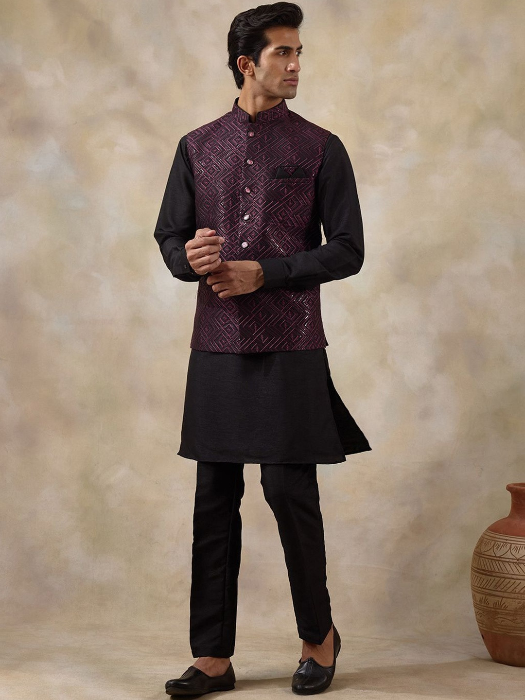 Satwaa Men Wine & Black Dupion Silk Embroidered Kurta Set with Nehru Jacket