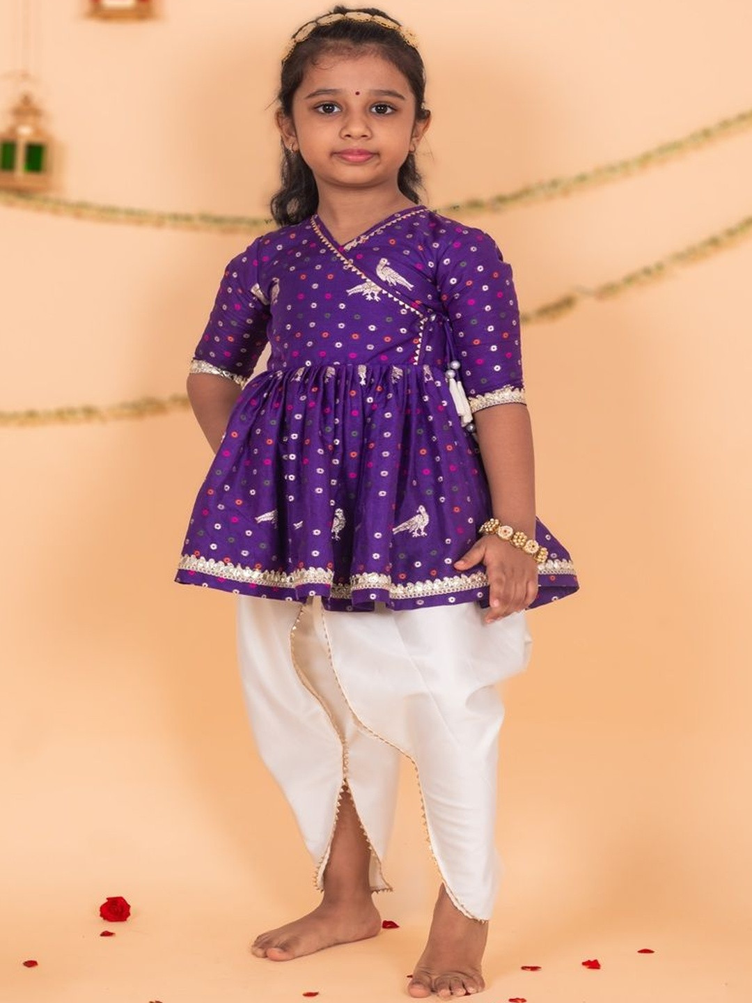 TOPLOVE Girls V-Neck Cotton Silk Kurta With Dhoti Pants
