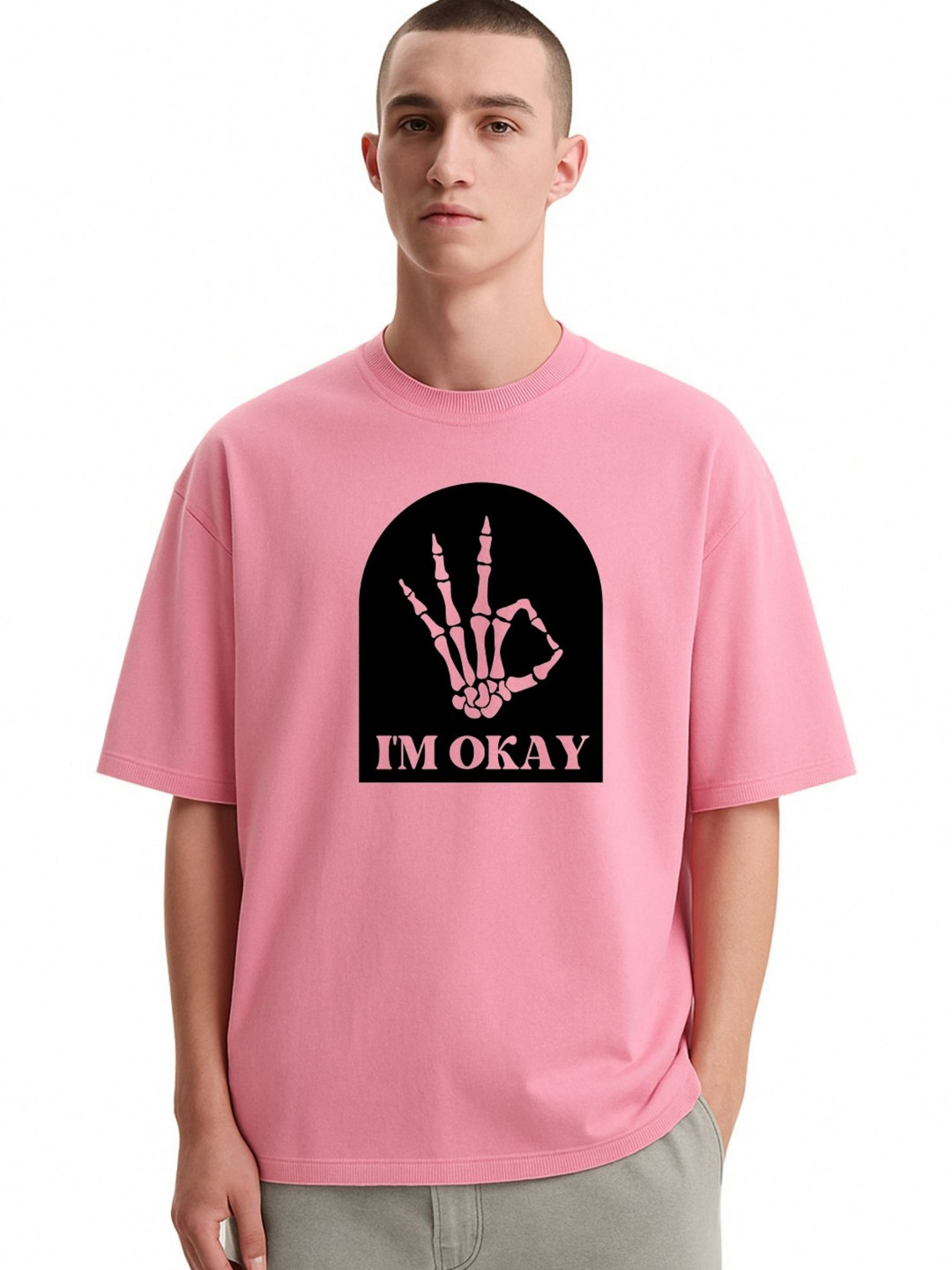 Fashnobic Men Dri-FIT Trendy I M Ok Printed Round Neck Cotton Oversized T-shirt