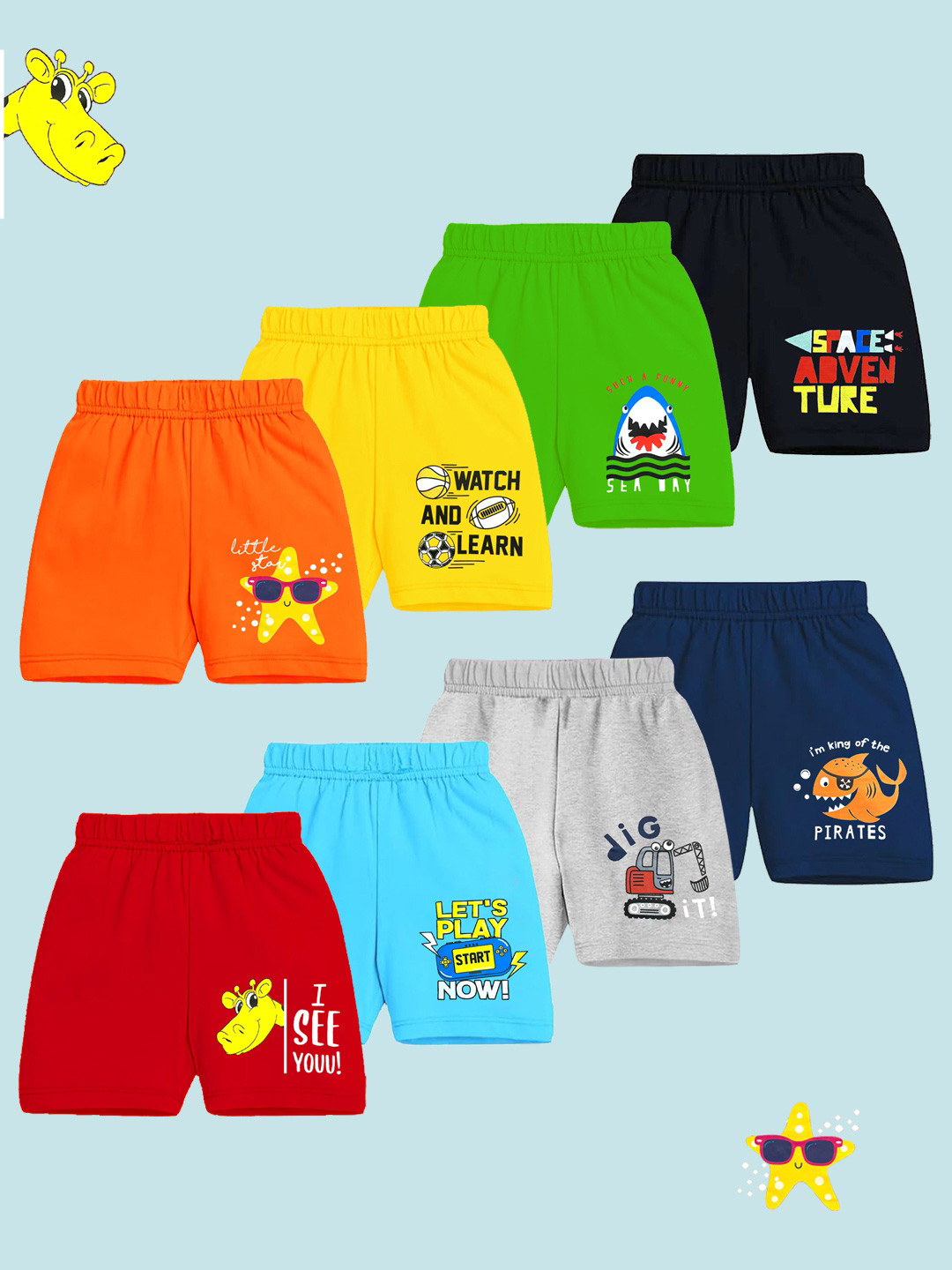 YK Boys Multicolor Pack of 8 Regular Fit Cotton Shorts