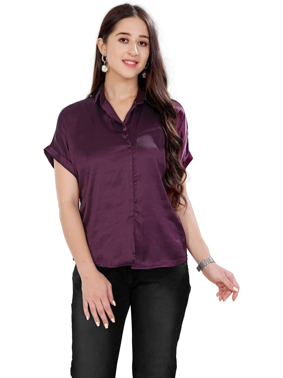 ANN SPRINGS Satin Extended Sleeves Shirt Style Top