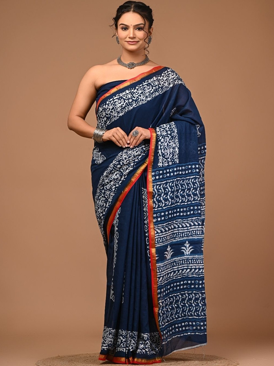 Moda Rapido Women Navy Blue Pure Cotton Printed Ikat Sarees