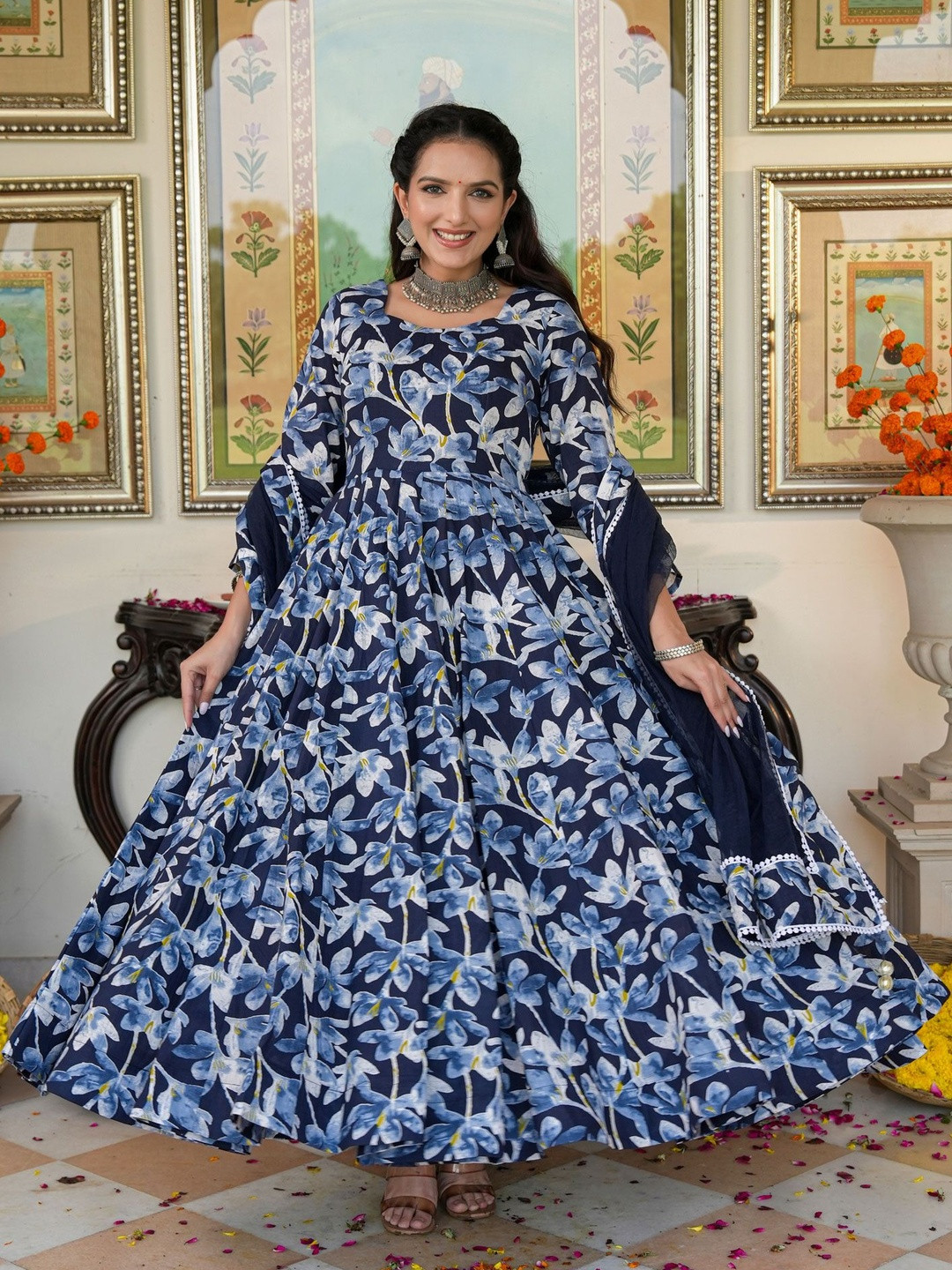 Indian Virasat Women Floral Printed Empire Pure Cotton Anakali Kurta Set With Dupatta