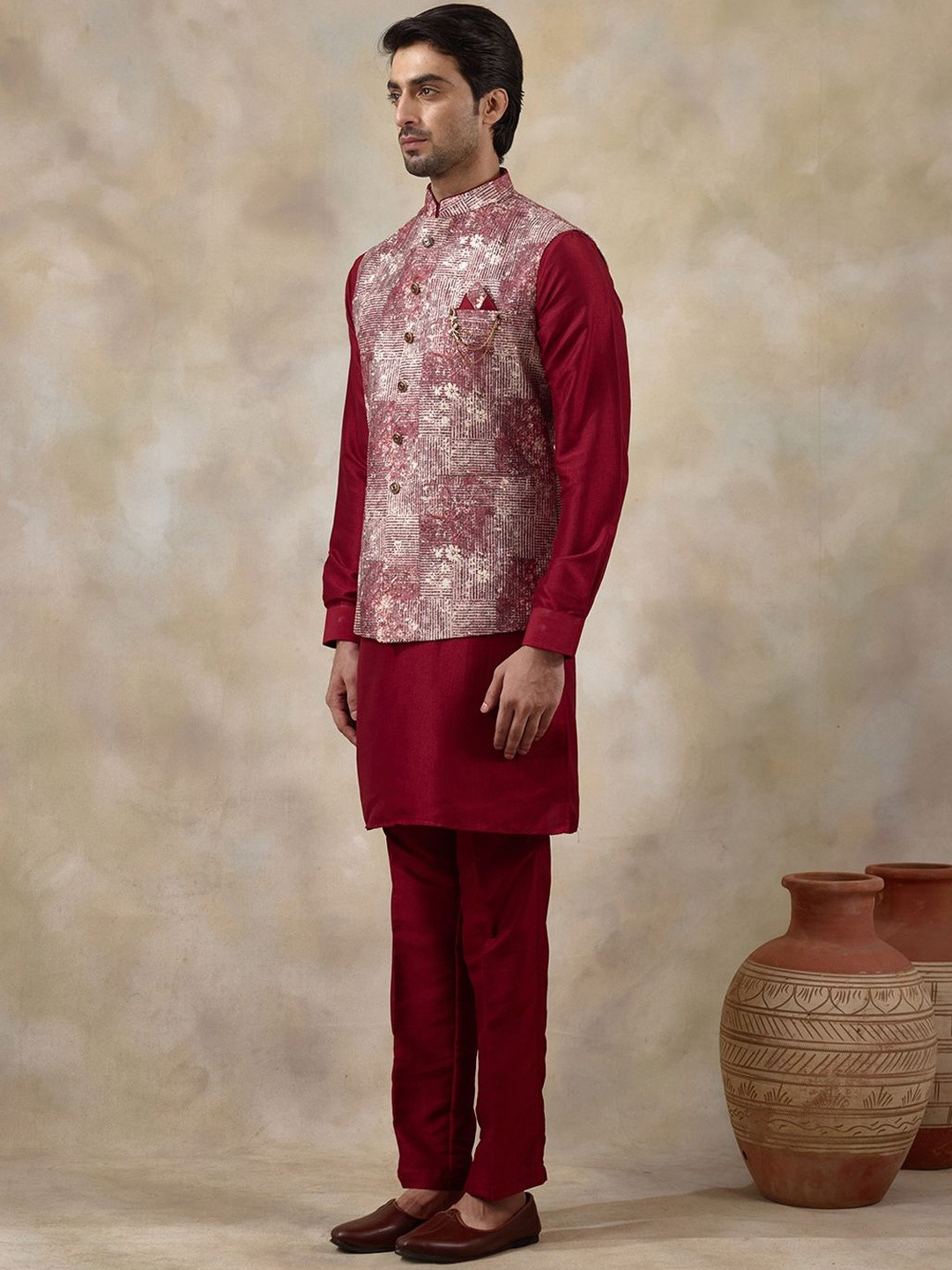 Satwaa Men Printed Kurta with Trousers With Nehru Jacket Kurta Set